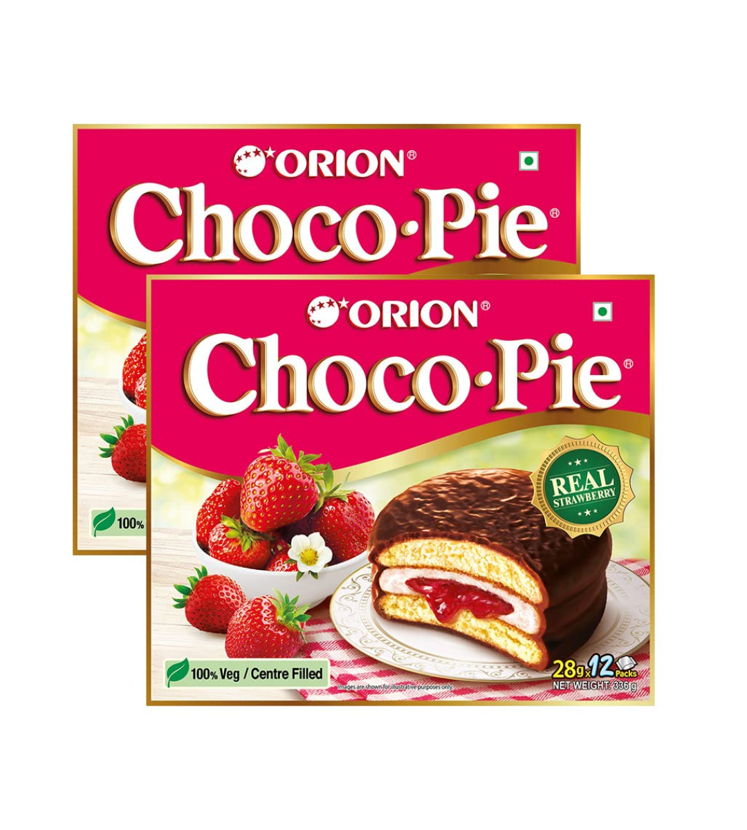 ORION Strawberry Choco Pie - 2 x 12 Piece Pack (24 pies)| Centre-filled Chocolate biscuit