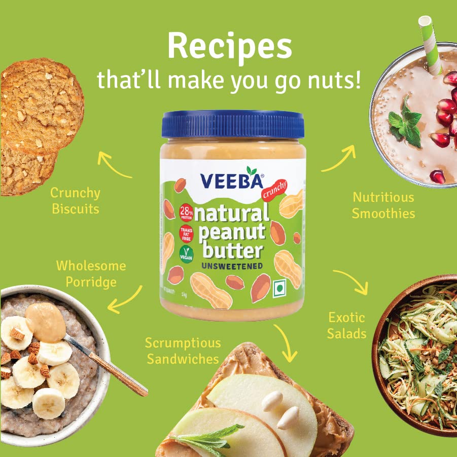 VEEBA Natural Peanut Butter Crunchy - Unsweetened, (100% Peanuts) Jar, 340 g