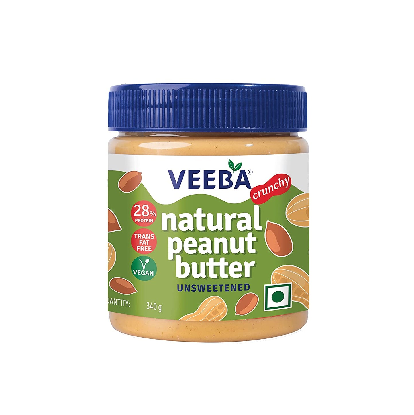 VEEBA Natural Peanut Butter Crunchy - Unsweetened, (100% Peanuts) Jar, 340 g