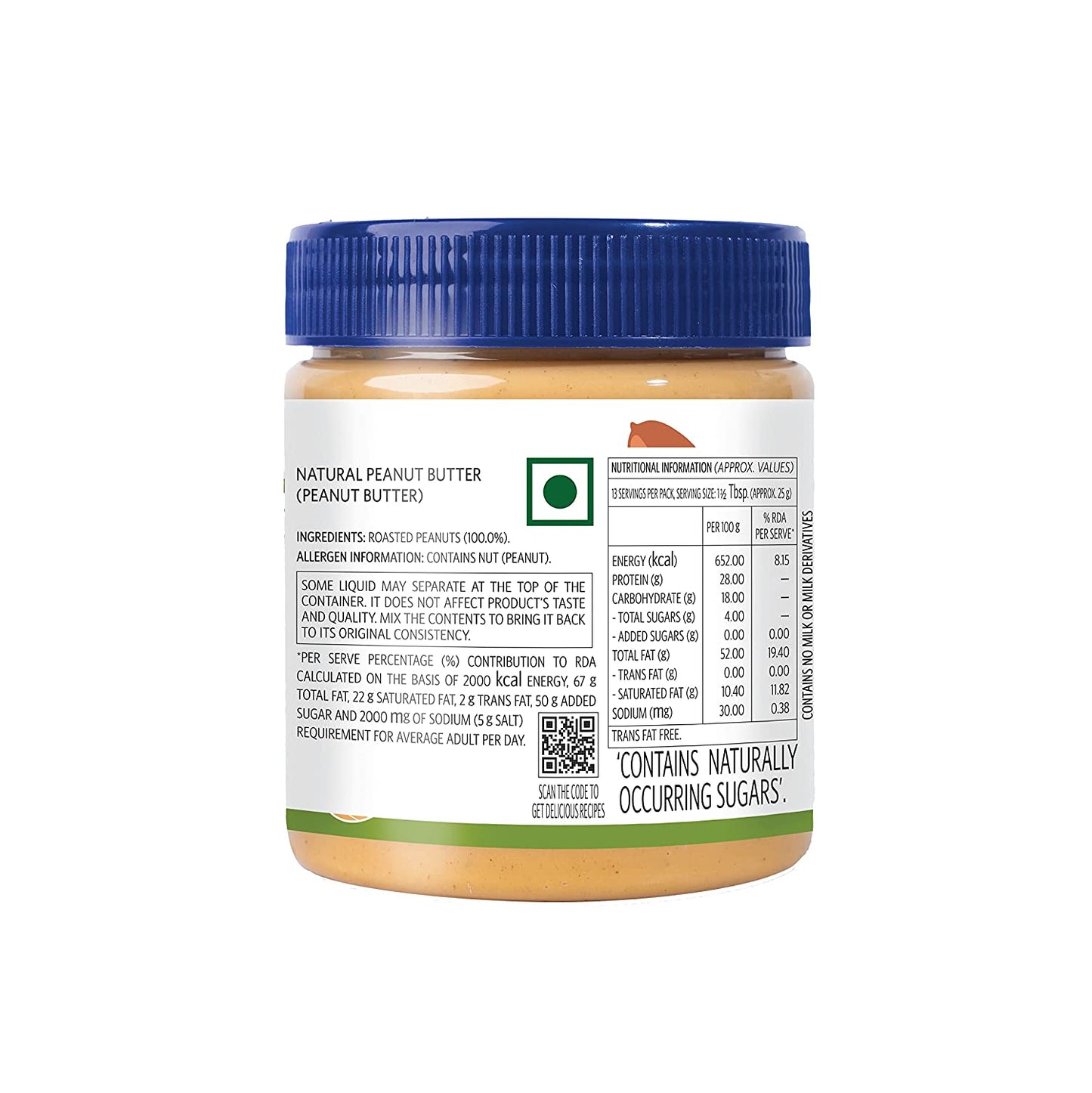 VEEBA Natural Peanut Butter Crunchy - Unsweetened, (100% Peanuts) Jar, 340 g