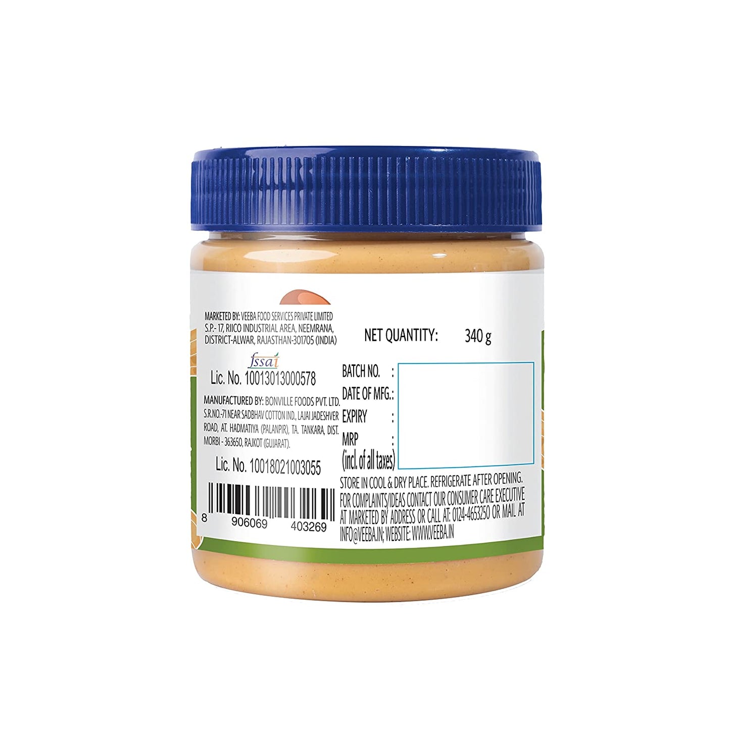 VEEBA Natural Peanut Butter Crunchy - Unsweetened, (100% Peanuts) Jar, 340 g