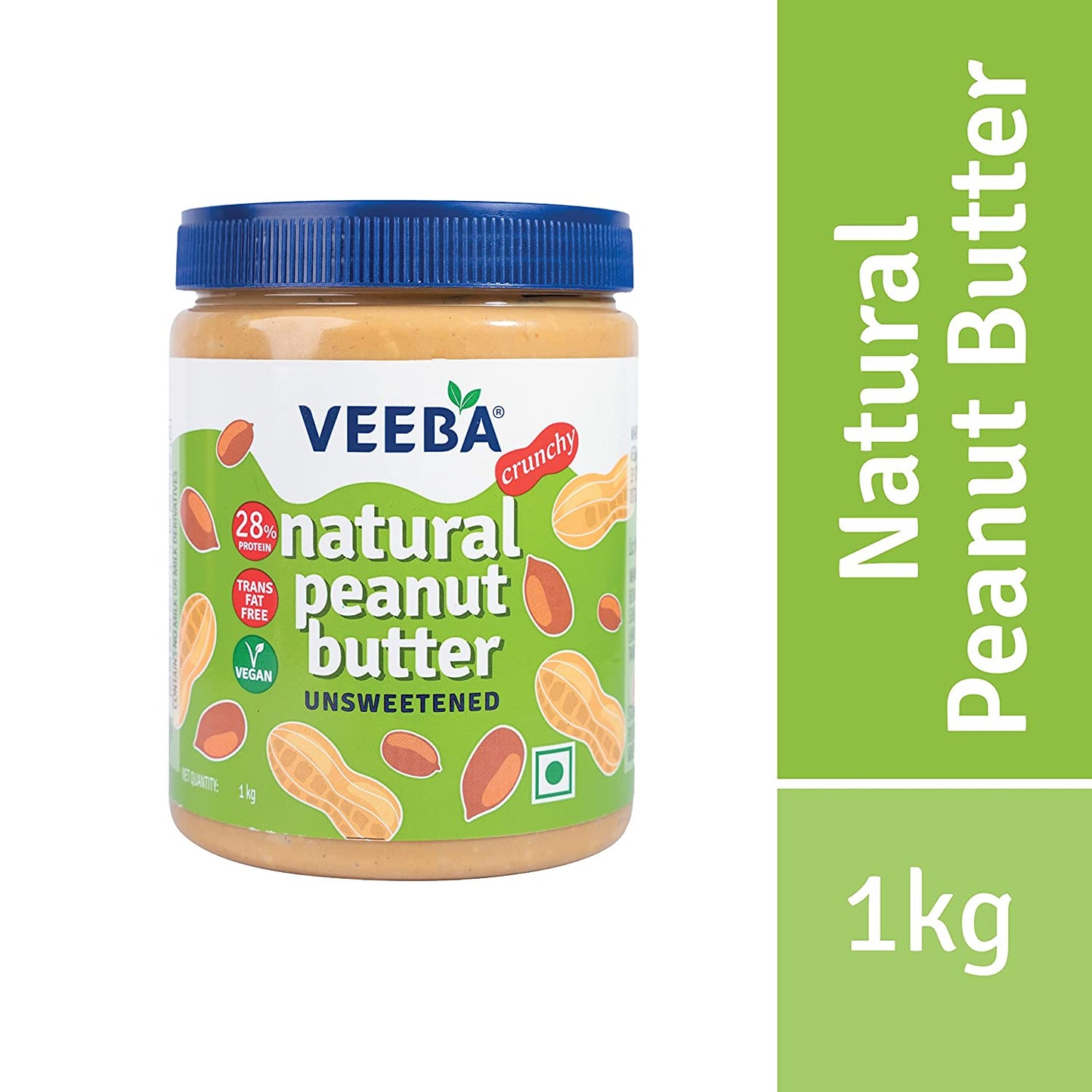 VEEBA Natural Peanut Butter Crunchy - Unsweetened, (100% Peanuts) Jar,  1 Kg