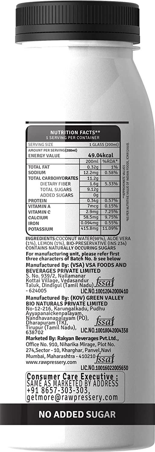 Raw Pressery Coconut Water with Aloe Vera Lemon (Pack of 12 X 200ml)