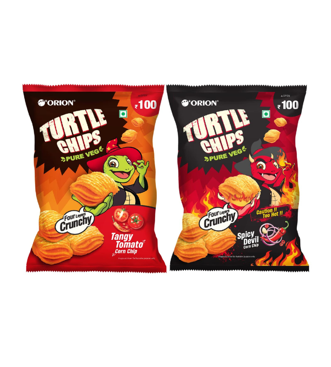 Orion Turtle Chips Party Pack (Pack of 2) - Tangy Tomato & Spicy Devil Flavors|100% Veg|Korean Snacks - 115 gm (Pack of 2)