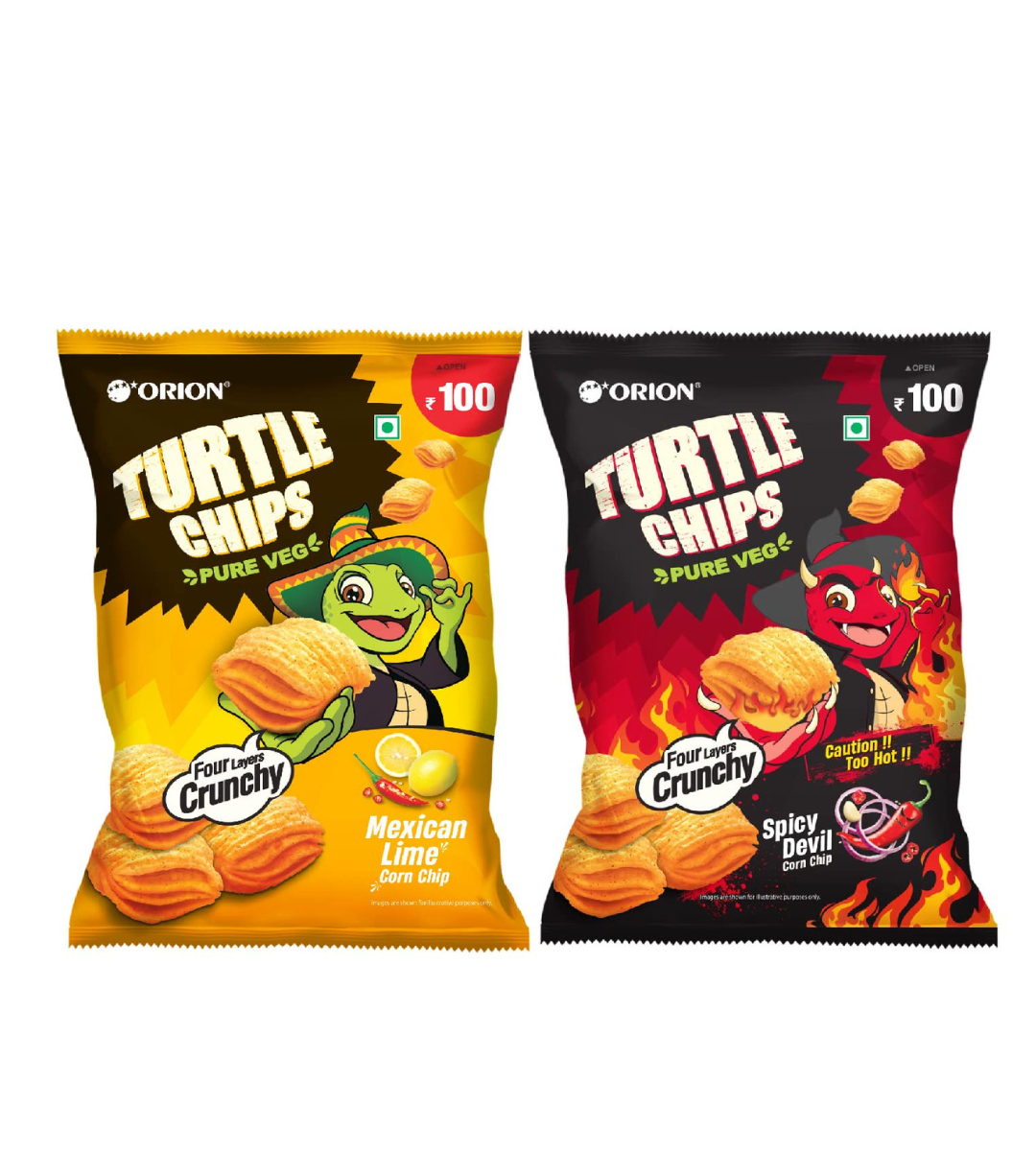 Orion Turtle Chips Party Pack (Pack of 2) - Mexican Lime & Spicy Devil Flavors|100% Veg|Korean Snacks - 115 gm (Pack of 2)