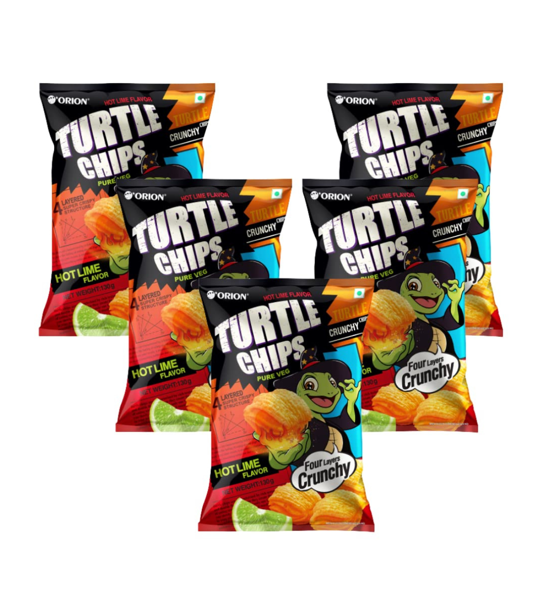 Orion Turtle Chips Party snack - Hot Lime 130g (Pack of 5)| Sweet & Salty |Korean Snack| 100% veg| corn chips