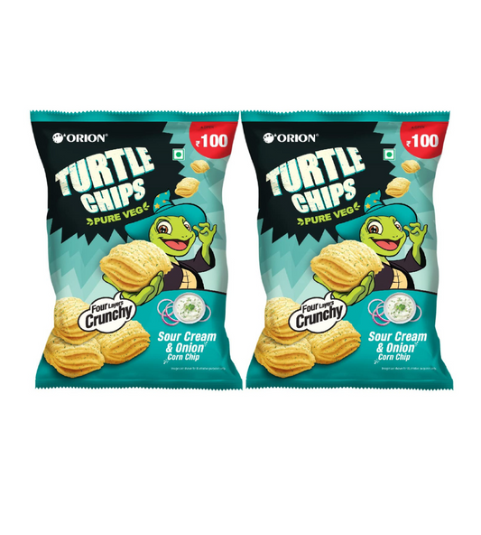 Orion Turtle Chips Party Pack (Pack of 2) - Sour Cream n Onion Korean Corn Chips|100% Veg|Korean Snacks - 115 gm (Pack of 2)