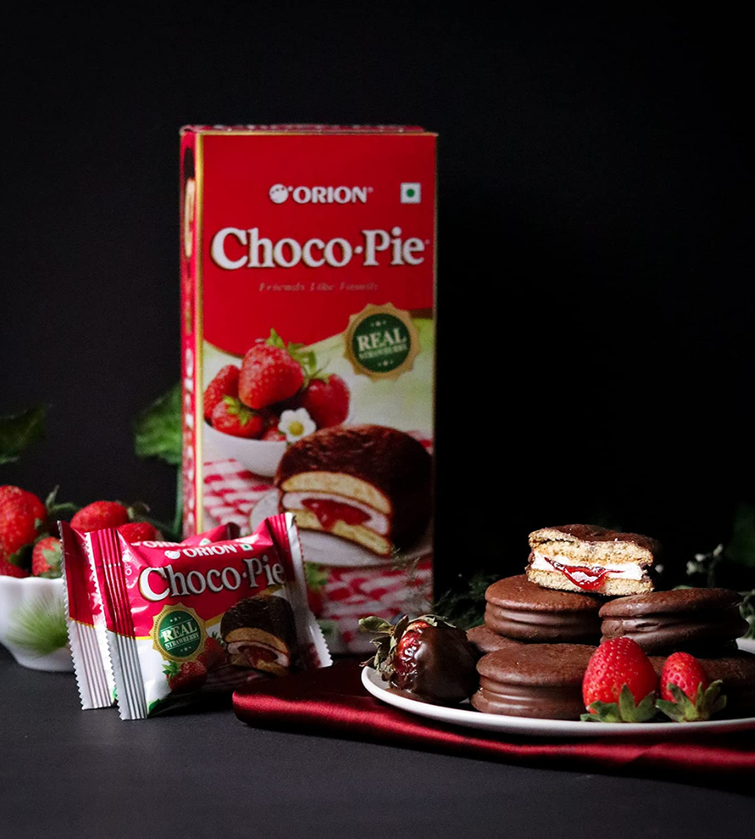 ORION Strawberry Choco Pie - 2 x 12 Piece Pack (24 pies)| Centre-filled Chocolate biscuit