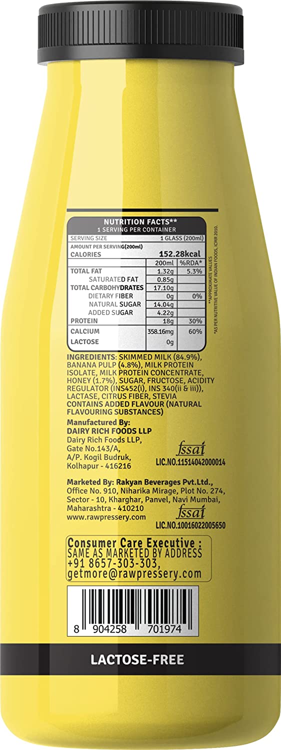 Raw Pressery Dairy Protein Milkshake, Banana Honey (12 x 200ml)