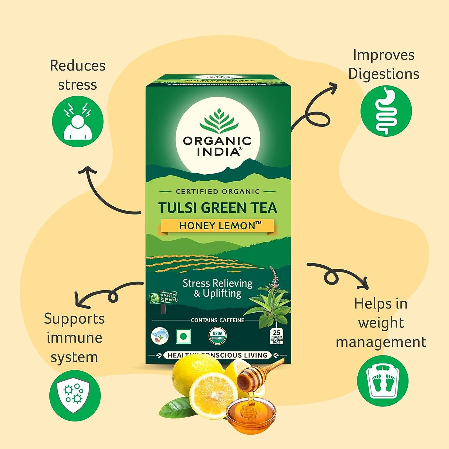 Organic India Tulsi Green Tea Honey Lemon 25 Teabags