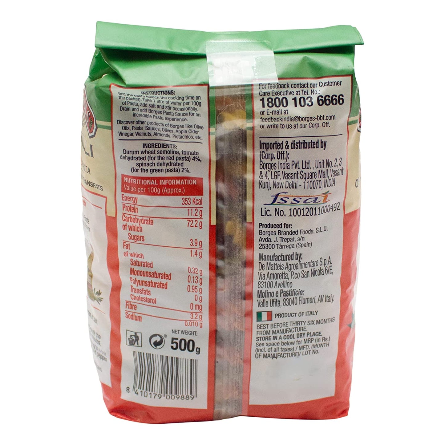 Borges Tricolor Fusilli Durum Wheat Pasta | Durum Wheat Semolina, 500 Grams