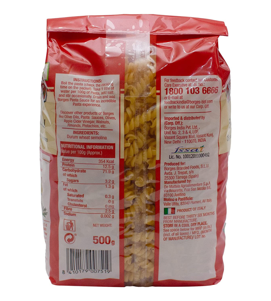 Borges Fusilli Durum Wheat Pasta, 500 Grams