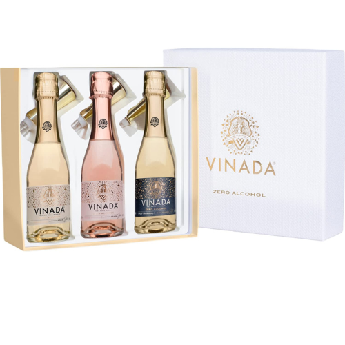 Vinada - Non Alcoholic Wine - Chardonnay, Sparkling Gold, & Sparkling Rosé Gift Pack - 200 ml (3 Glass Bottles) - FULL EXPERIENCE GIFTBOX