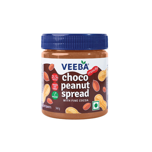 VEEBA Choco Peanut Spread Crunchy | High Protein | Naturally Gluten Free | Trans Fat Free | Vegan | No Added Preservatives | No Added Colour & Flavour | Non GMO | 340g |with Fine Cocoa