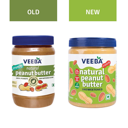 VEEBA Natural Peanut Butter Crunchy - Unsweetened, (100% Peanuts) Jar,  1 Kg