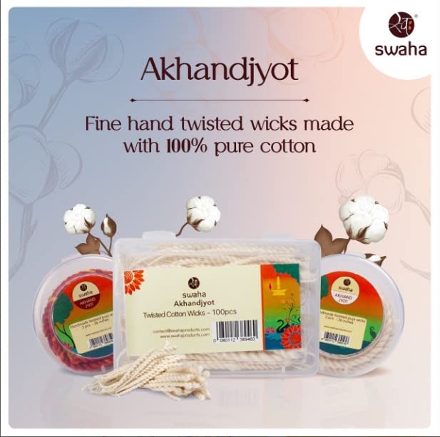 Swaha Twisted Akhandjyot Cotton Long Wick (3 Pieces), White Colour, Long Lasting (36 Inches, 9-15days Burning Time) Pure Cotton Wicks for Daily Pooja and Meditation - Pack of 3